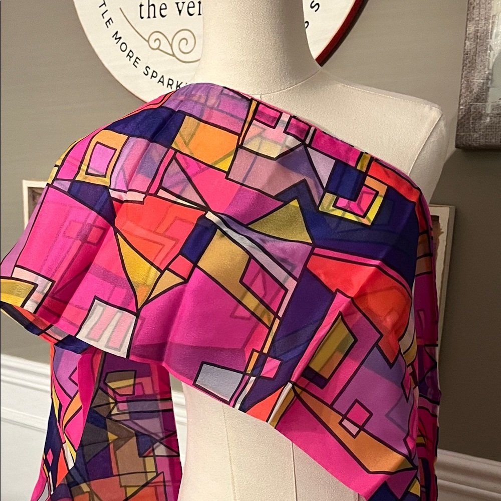 Vintage Colorful Geometric Cubism Scarf with Fringes